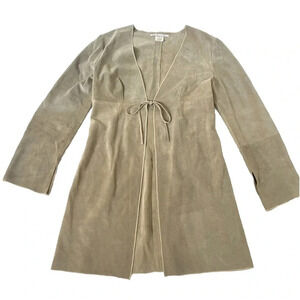 ANJA FLINT Leather Suede Size L Duster Cardigan Tie Up Khaki Neutral Lagenlook